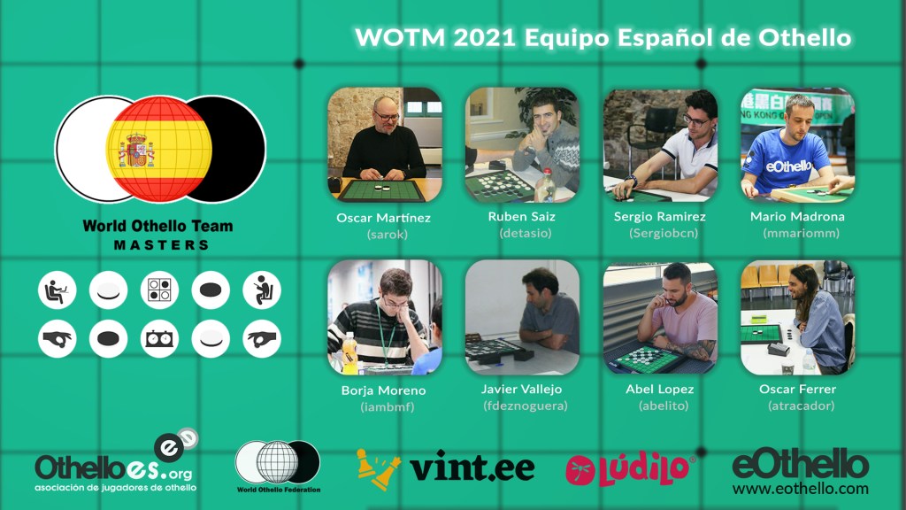 Imagen de fondo de un tablero, con iconos representativos de othello y las fotografías con nombres y nicks de los jugadores españoles.